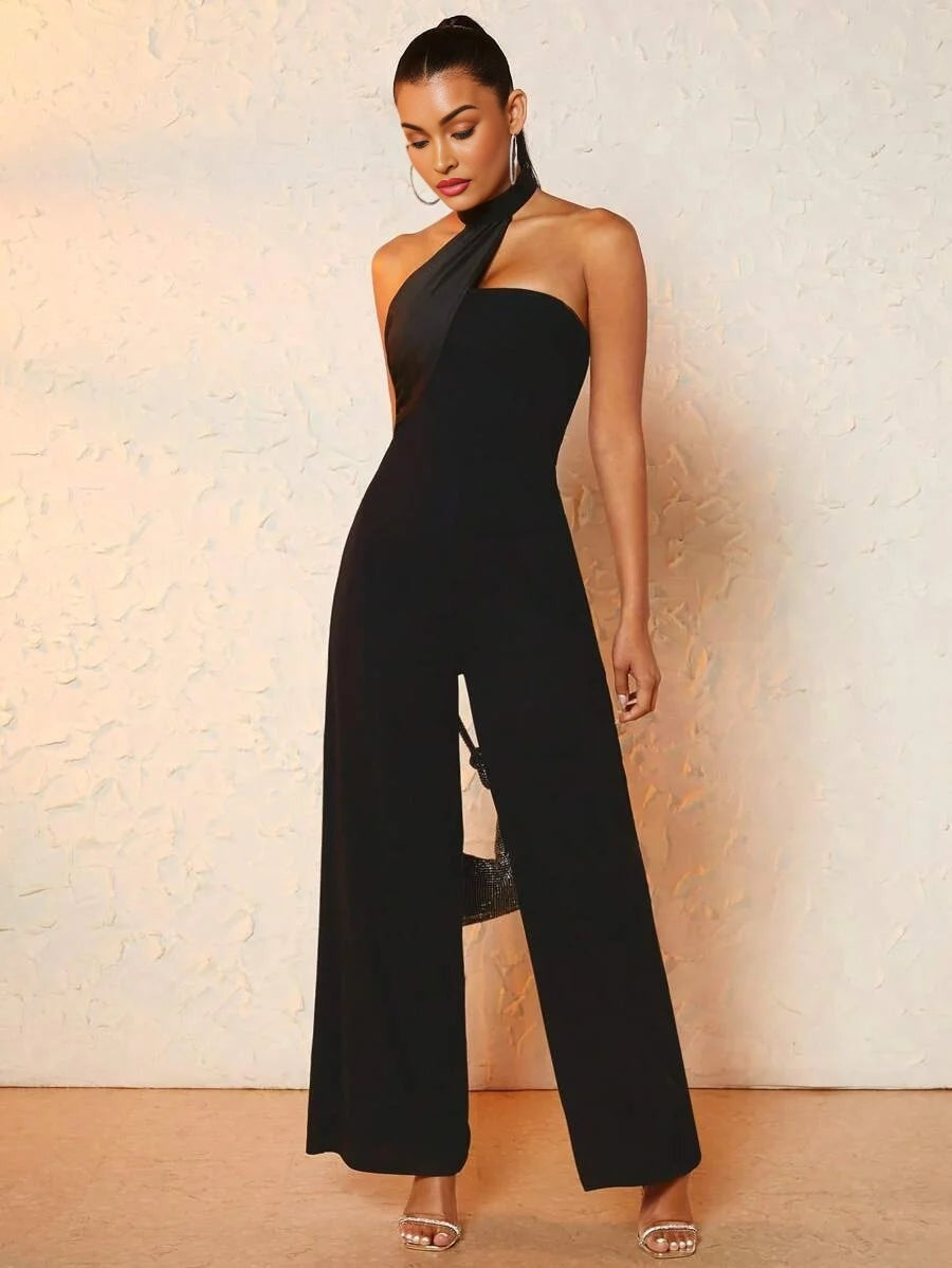 Solid Halter Neck Wide Leg Jumpsuit