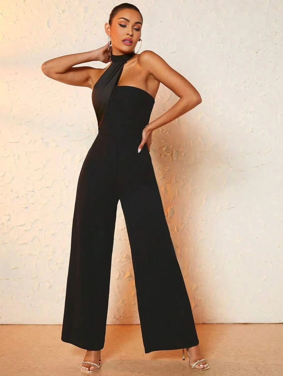Solid Halter Neck Wide Leg Jumpsuit
