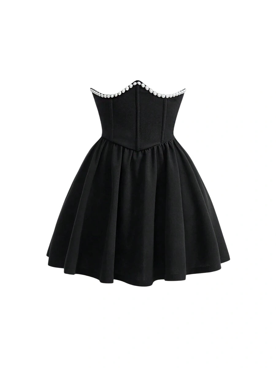 Solid High Waist Fish Bone Strips Pearls Beaded Black Skirt