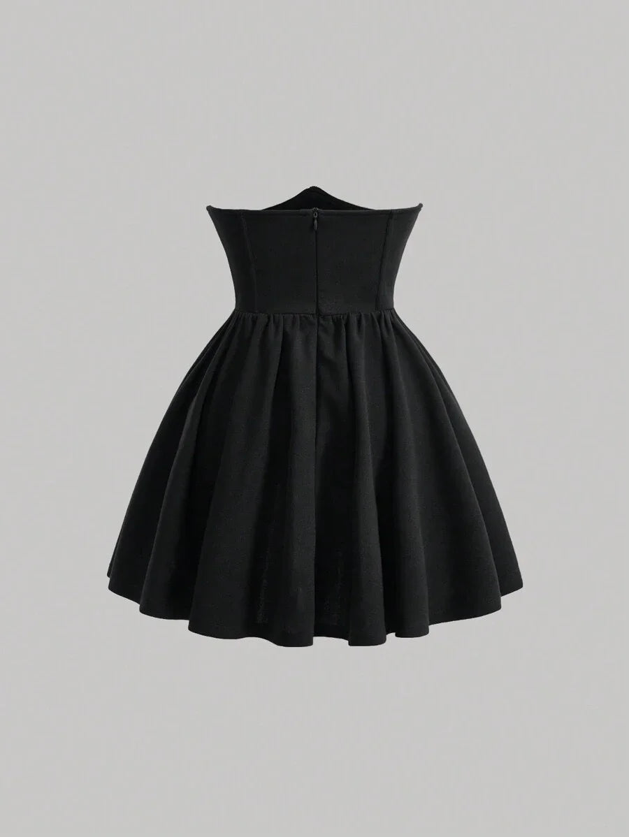 Solid High Waist Fish Bone Strips Pearls Beaded Black Skirt