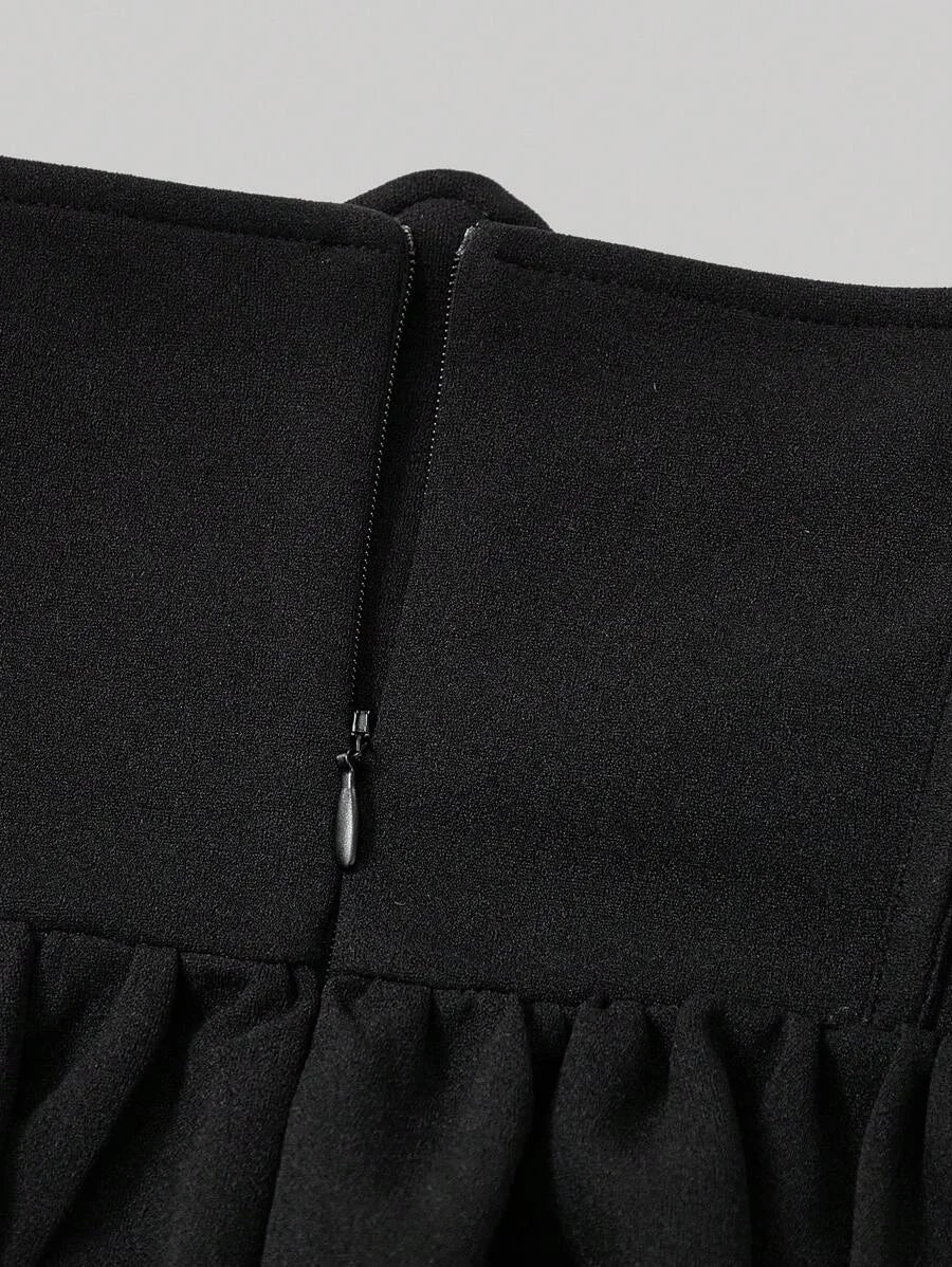 Solid High Waist Fish Bone Strips Pearls Beaded Black Skirt