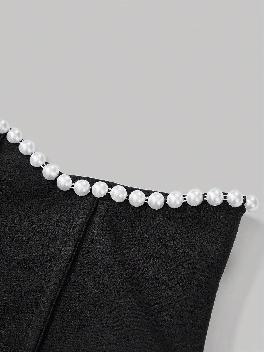 Solid High Waist Fish Bone Strips Pearls Beaded Black Skirt
