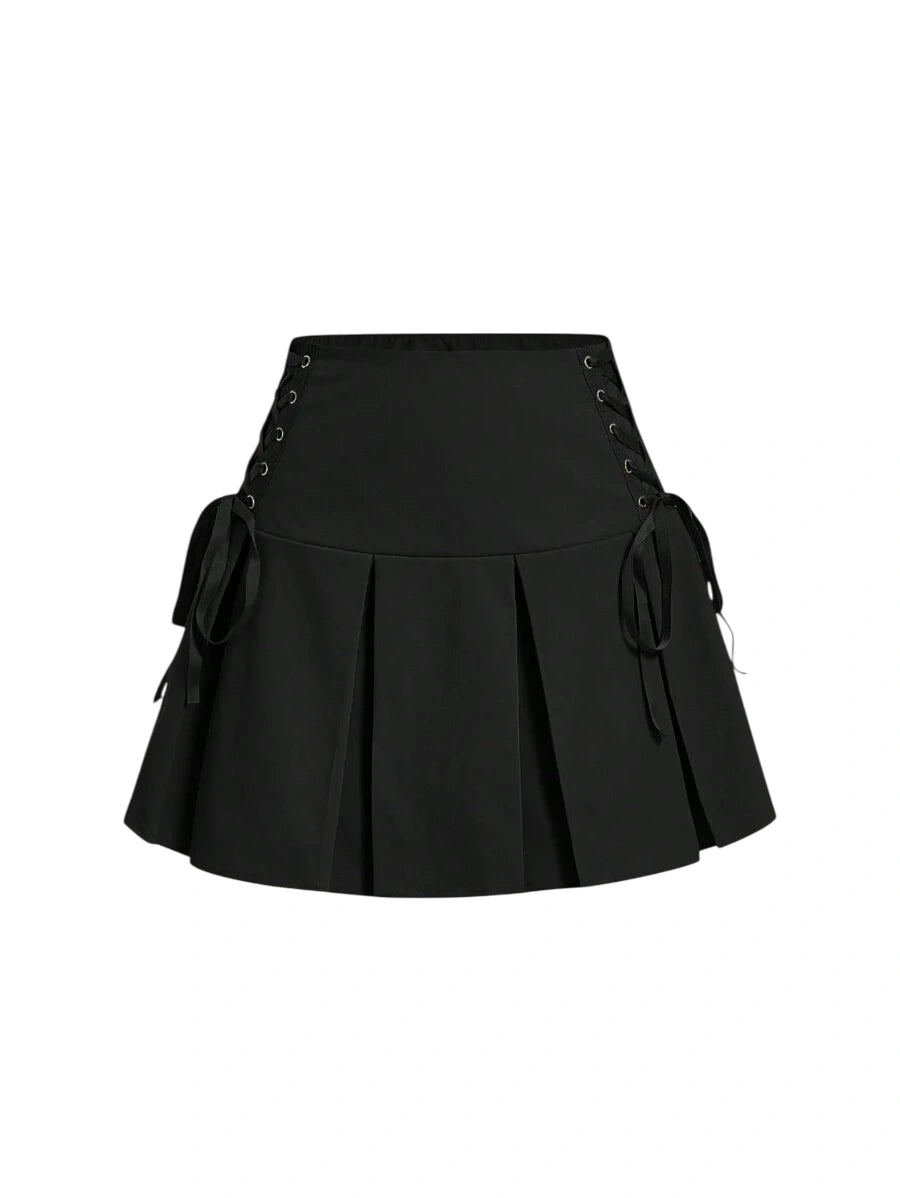 Solid Lace Up Pleated Hem Pleated Skirt