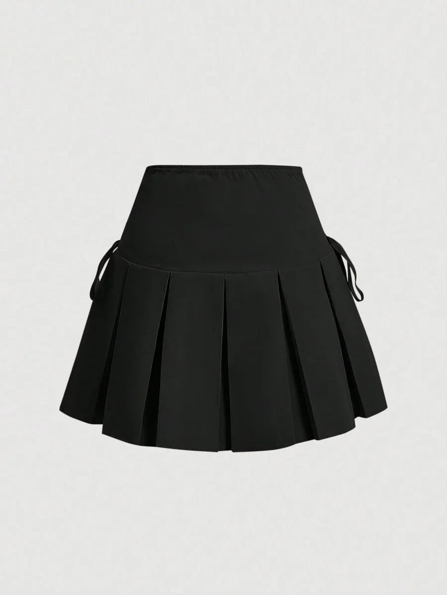 Solid Lace Up Pleated Hem Pleated Skirt