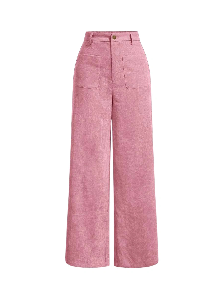 Solid Patch Pocket Corduroy Wide Leg Pink Spring Pants