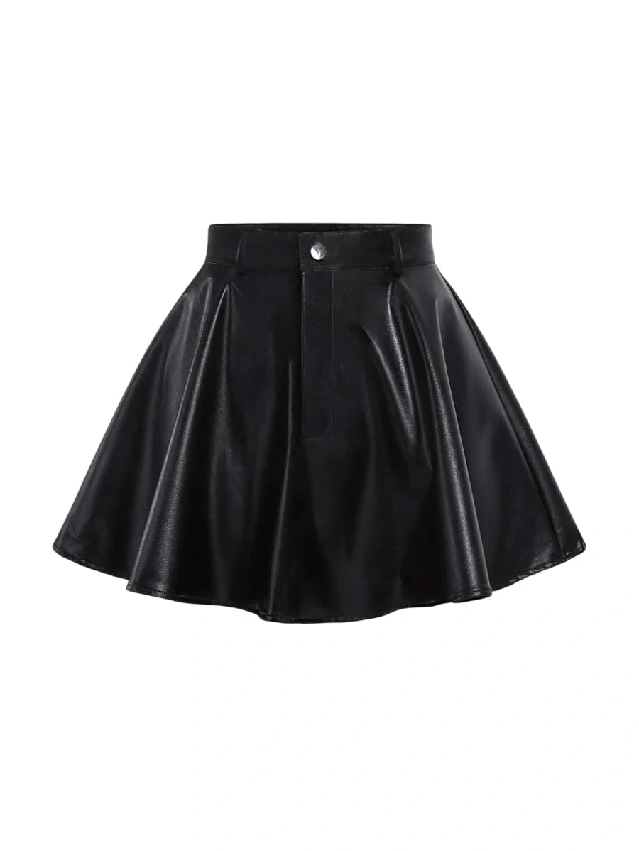 Solid PU Leather Skater Black Skirt