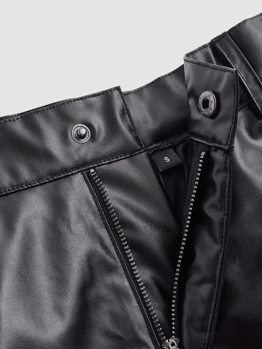 Solid PU Leather Skater Black Skirt