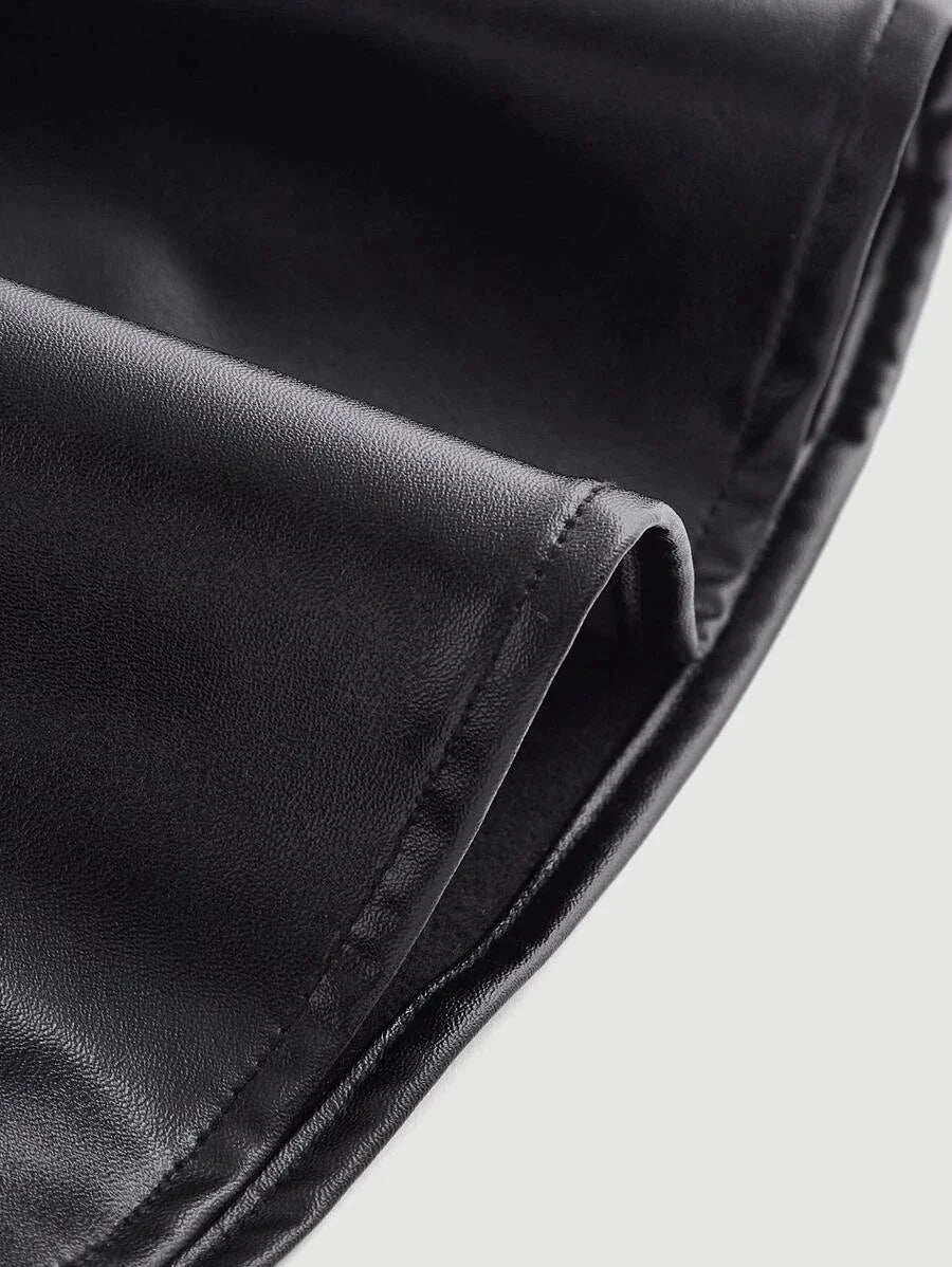 Solid PU Leather Skater Black Skirt