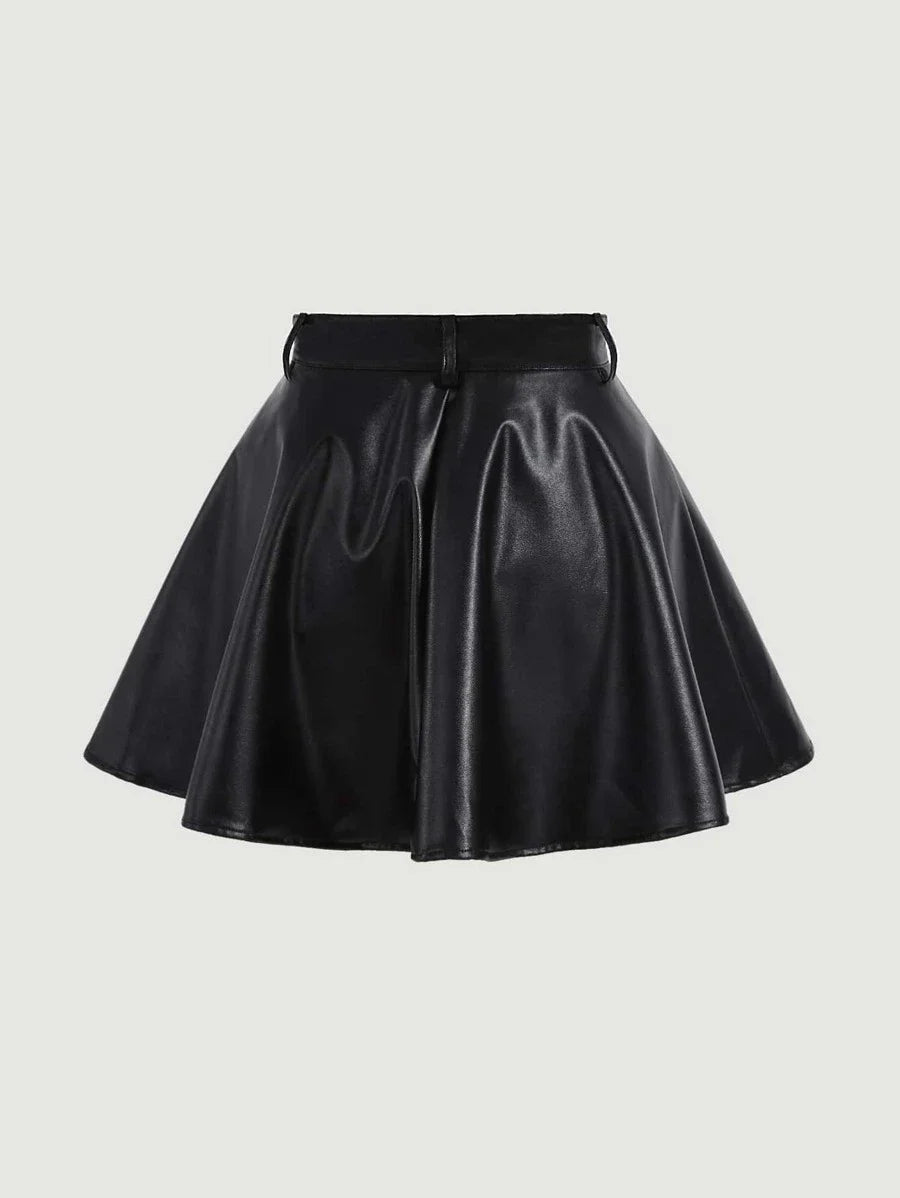 Solid PU Leather Skater Black Skirt