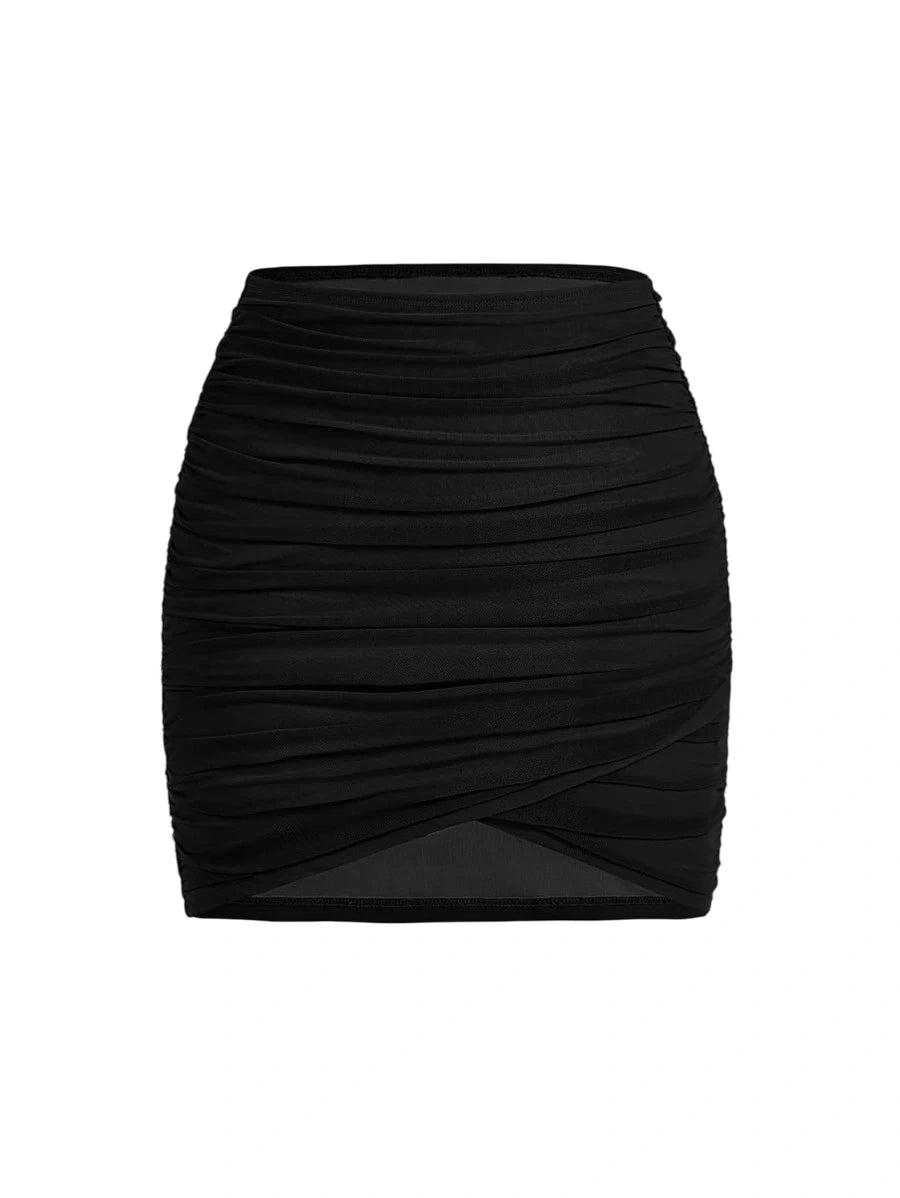 Solid Ruched Bodycon Black Summer Skirt