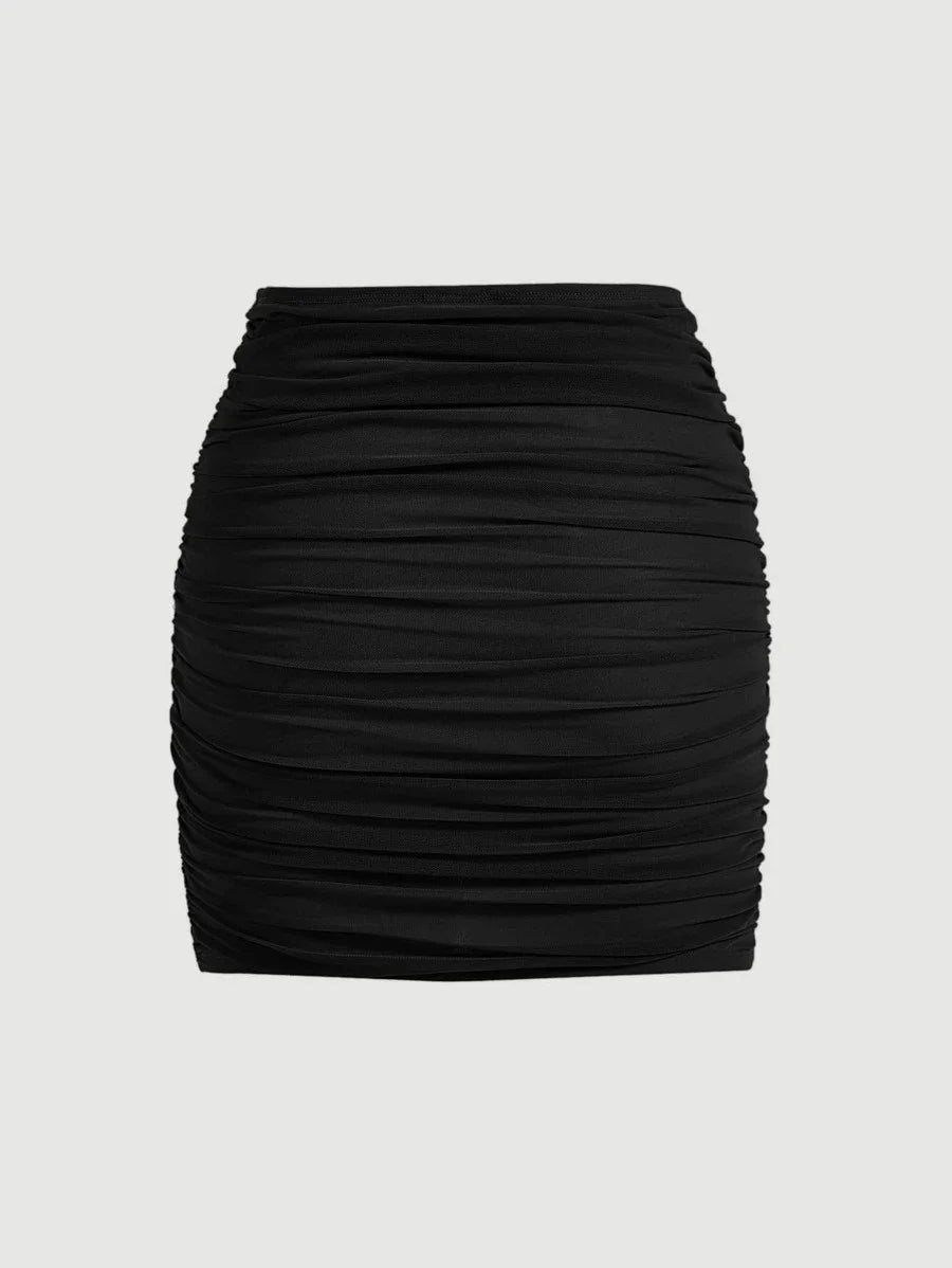 Solid Ruched Bodycon Black Summer Skirt