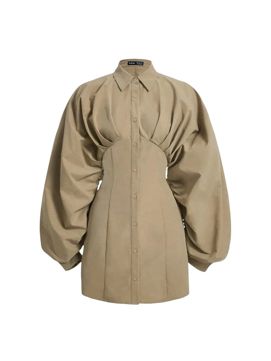 Solid Ruched Bust Lantern Sleeve Shirt Dress