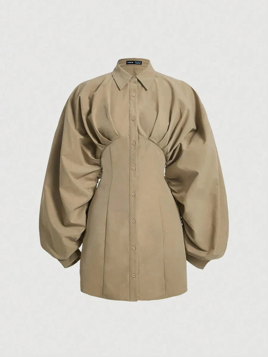 Solid Ruched Bust Lantern Sleeve Shirt Dress