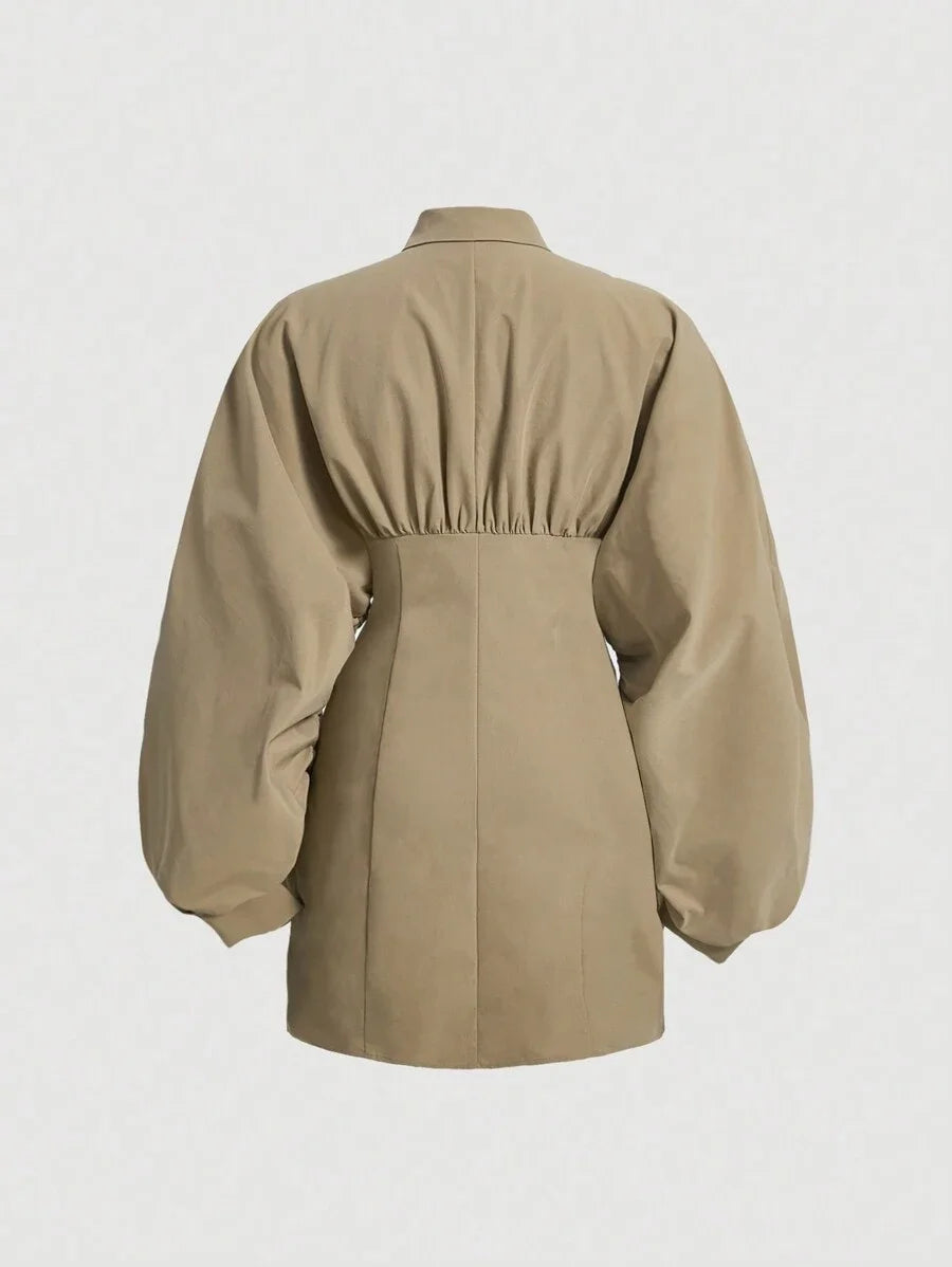 Solid Ruched Bust Lantern Sleeve Shirt Dress