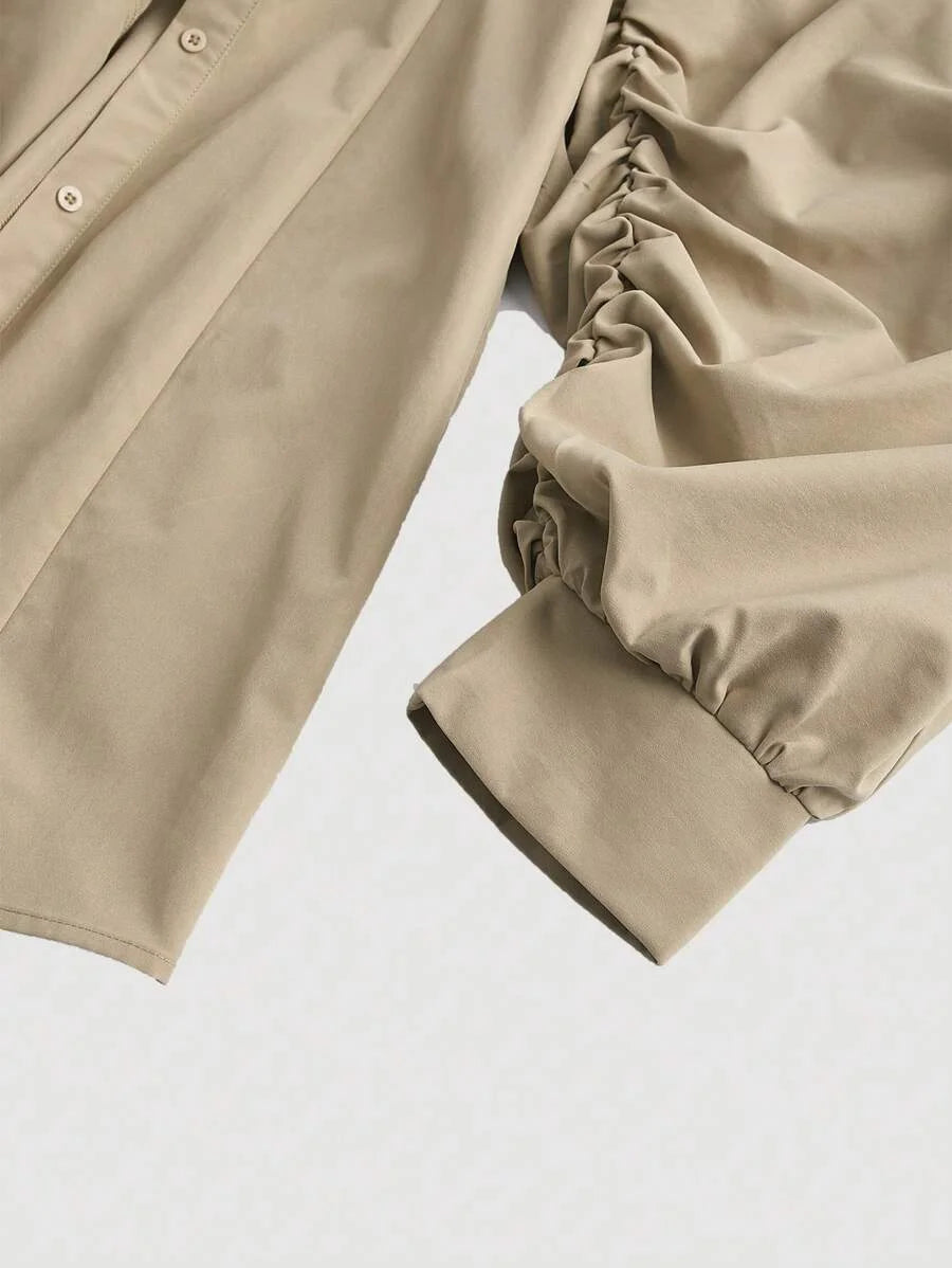 Solid Ruched Bust Lantern Sleeve Shirt Dress