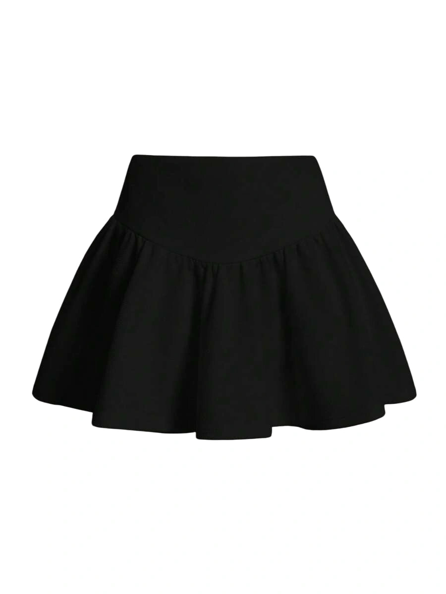 Solid Wide Waistband Ruffle Hem Black Mini Kirt