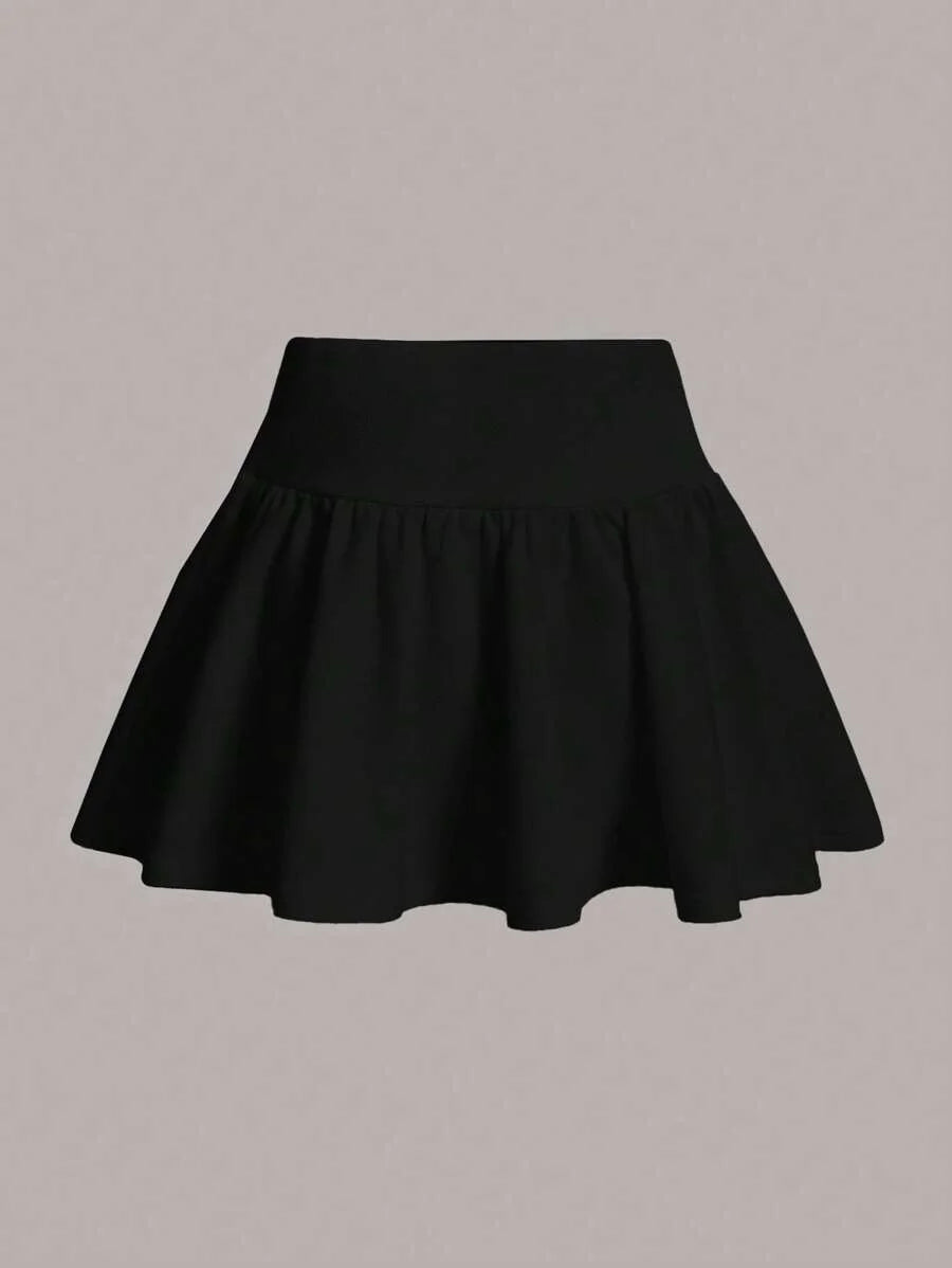 Solid Wide Waistband Ruffle Hem Black Mini Kirt