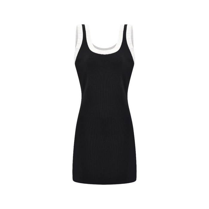 Black cotton blend dress with spaghetti straps panelled design color blocks and scoop neck back Smooth sleeveless and knitted construction of 90% cotton 10% spandex