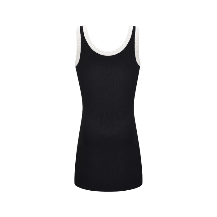 Black cotton blend dress with spaghetti straps and panelled color block design sleeveless cut scoop neck and chic scoop back