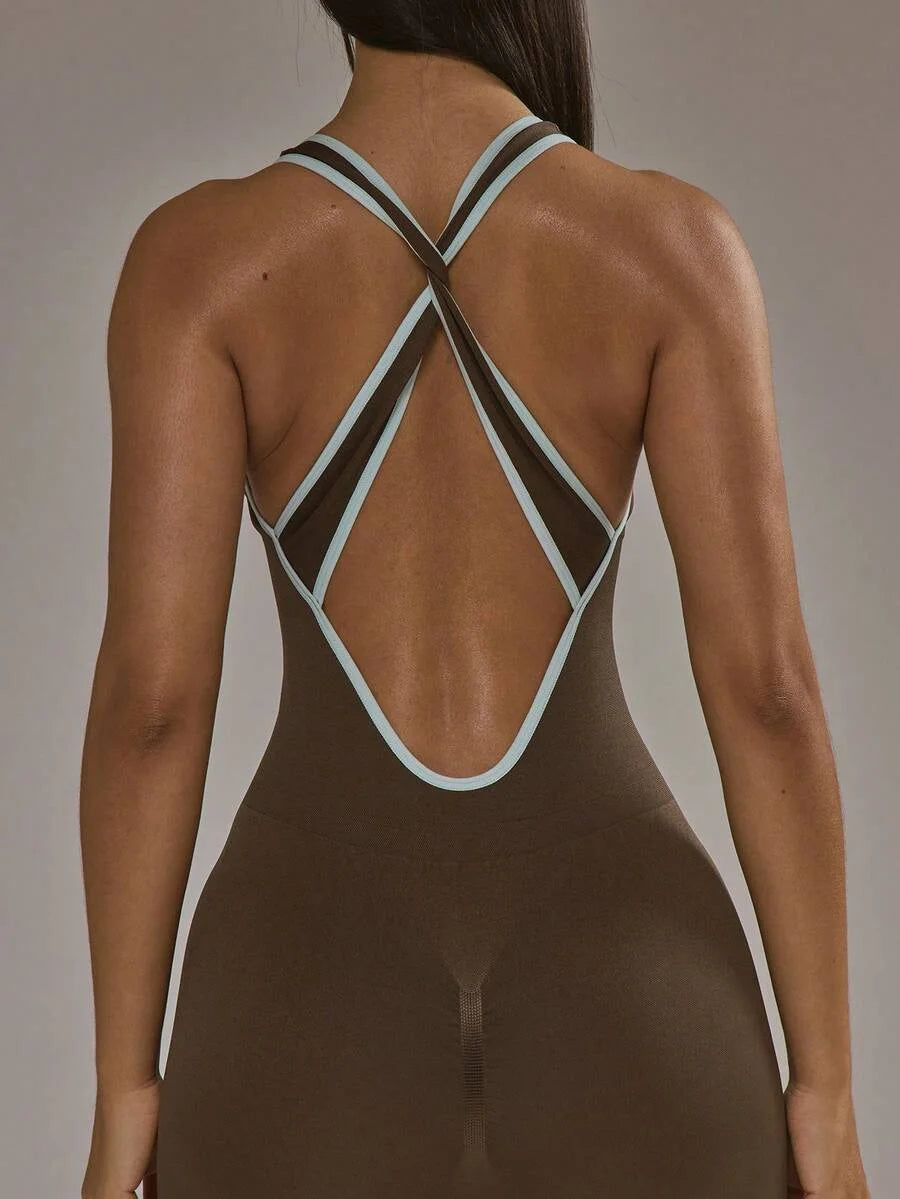 Sport Contrast Trim Plunge Fitted Jumpsuit Padel Autumn Fall Winter Activewear Sport Gym Workout