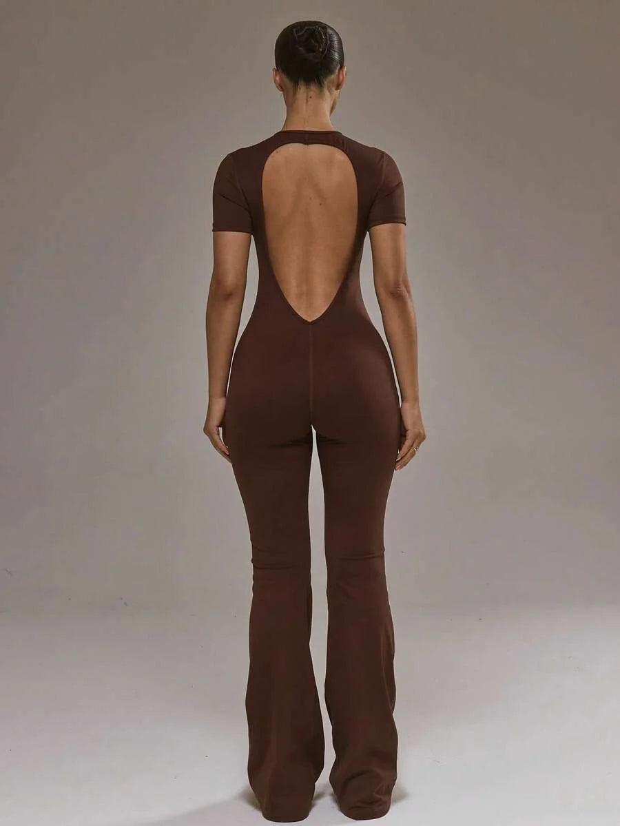 Sport Open Back Fitted Flared Short Sleeve Jumpsuit Padel Autumn Fall Winter Activewear Sport Gym