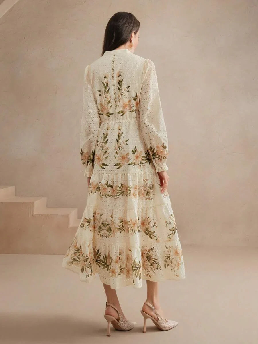 Spring amp Summer Elegant Beach Vacation Bohemian Printed Stand Collar MidLength Dress For Women