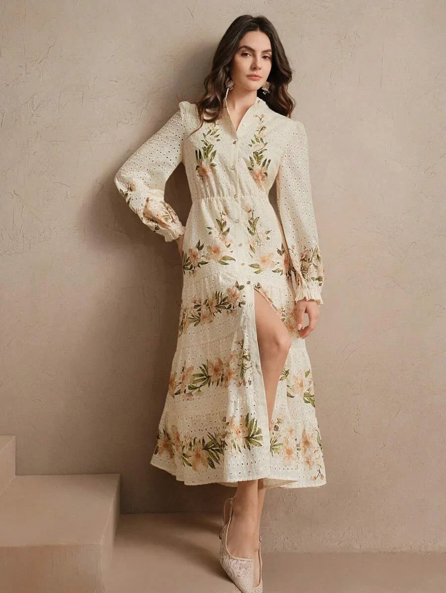 Spring amp Summer Elegant Beach Vacation Bohemian Printed Stand Collar MidLength Dress For Women