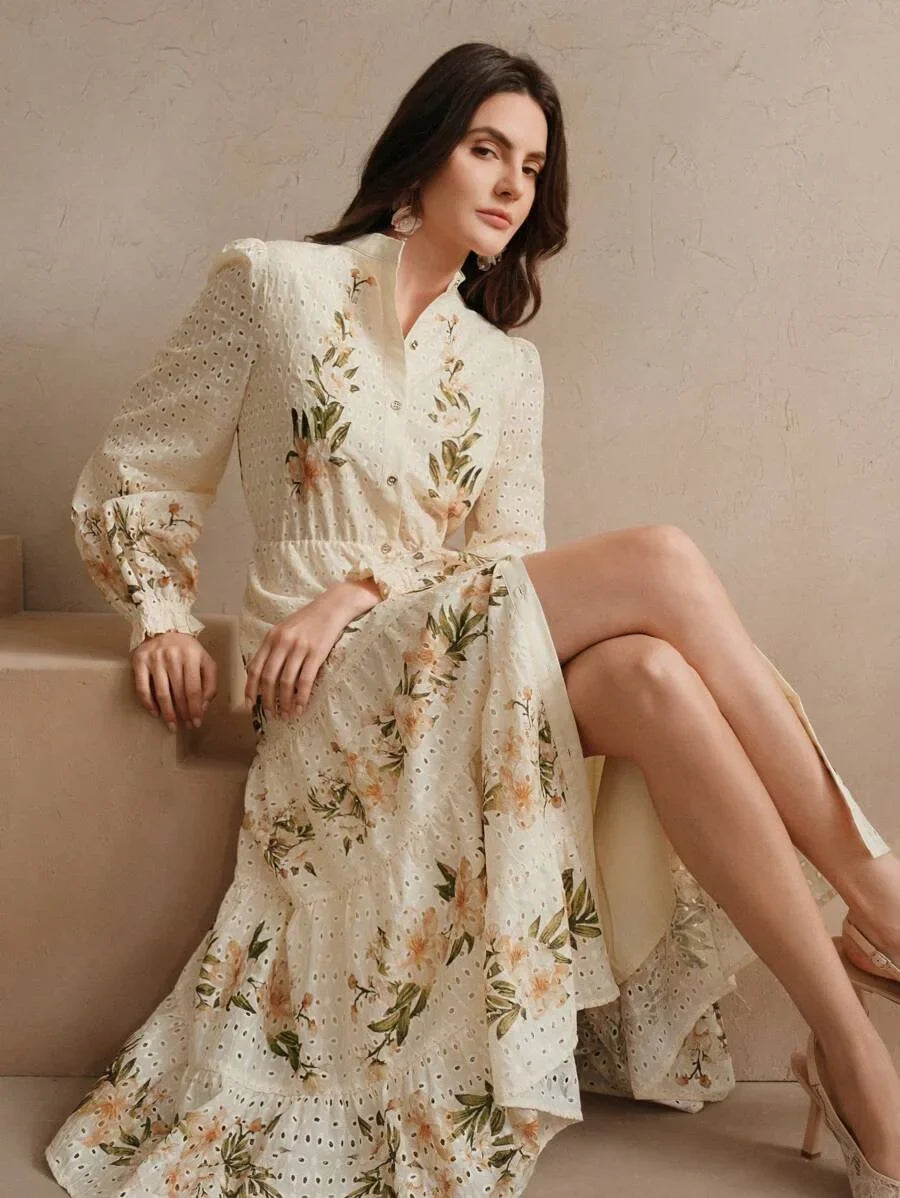 Spring amp Summer Elegant Beach Vacation Bohemian Printed Stand Collar MidLength Dress For Women