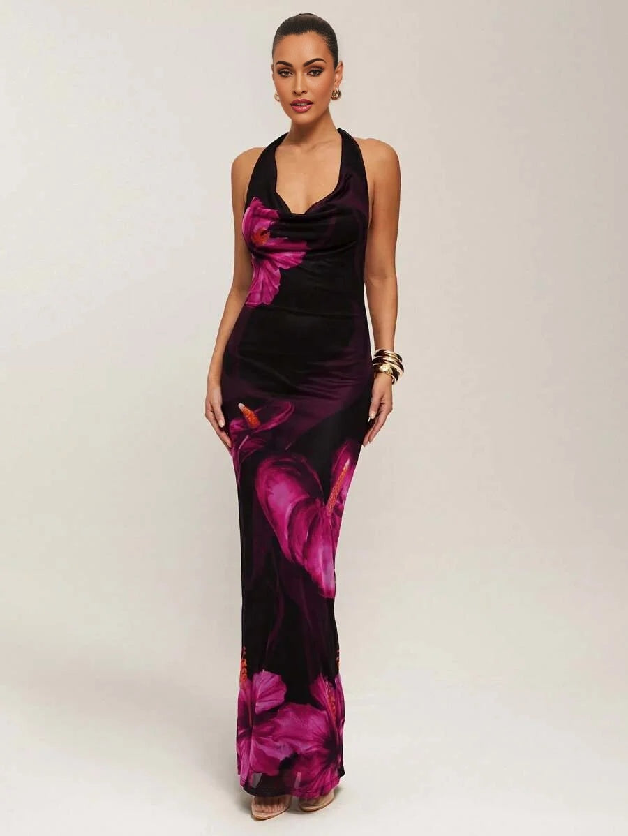 Spring And Summer Knitted Extra Long Dress Warm Red Floral Clothing Pink Anthurium Print Tiger Lily
