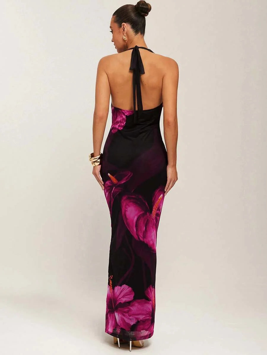 Spring And Summer Knitted Extra Long Dress Warm Red Floral Clothing Pink Anthurium Print Tiger Lily