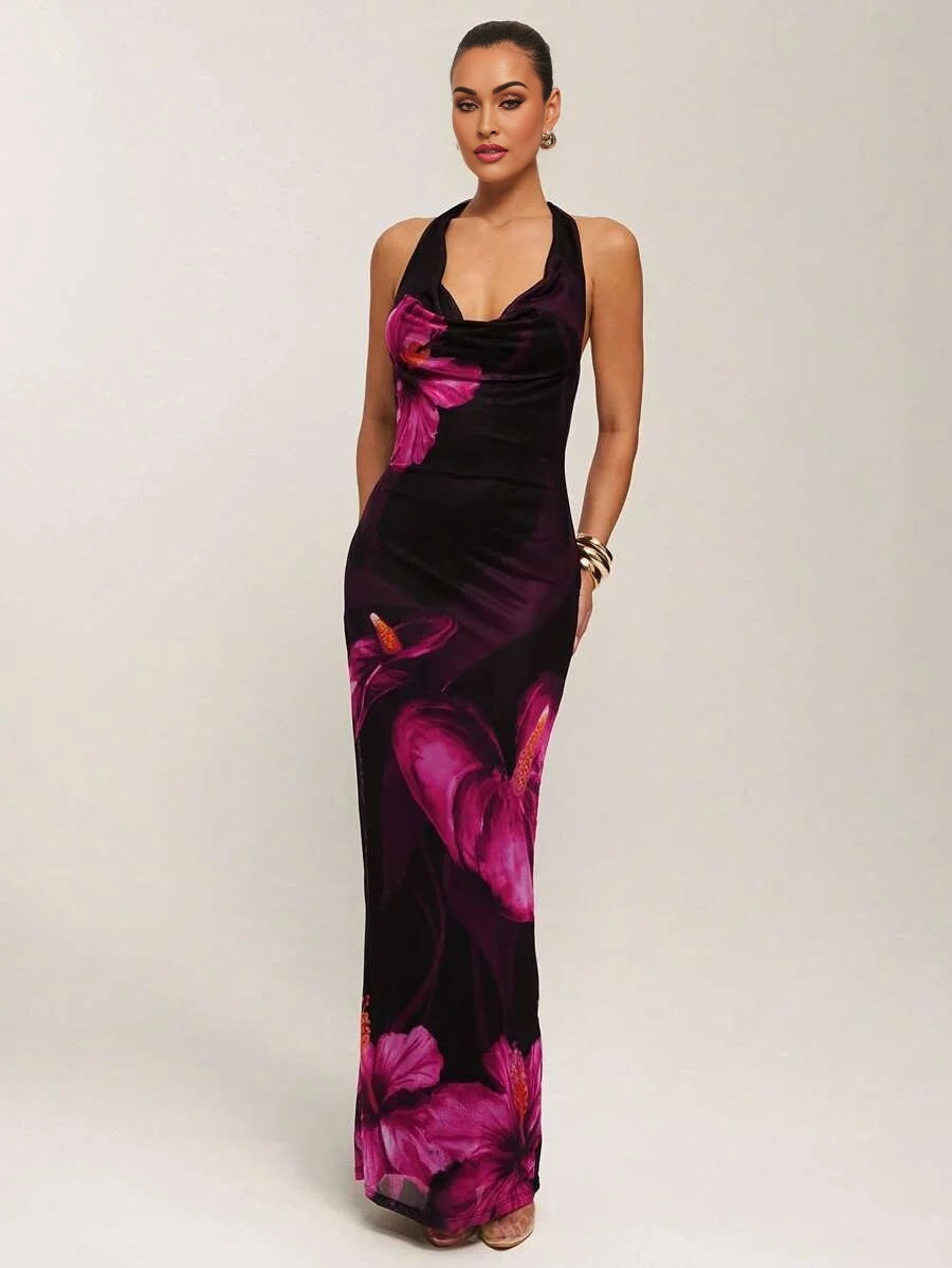 Spring And Summer Knitted Extra Long Dress Warm Red Floral Clothing Pink Anthurium Print Tiger Lily