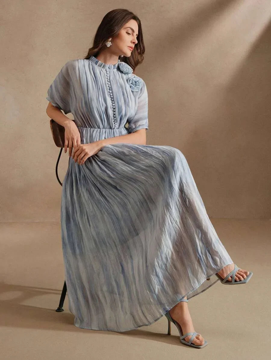 Spring Design Elegant Pleated Tie Dye Women Dress Dress Blouse