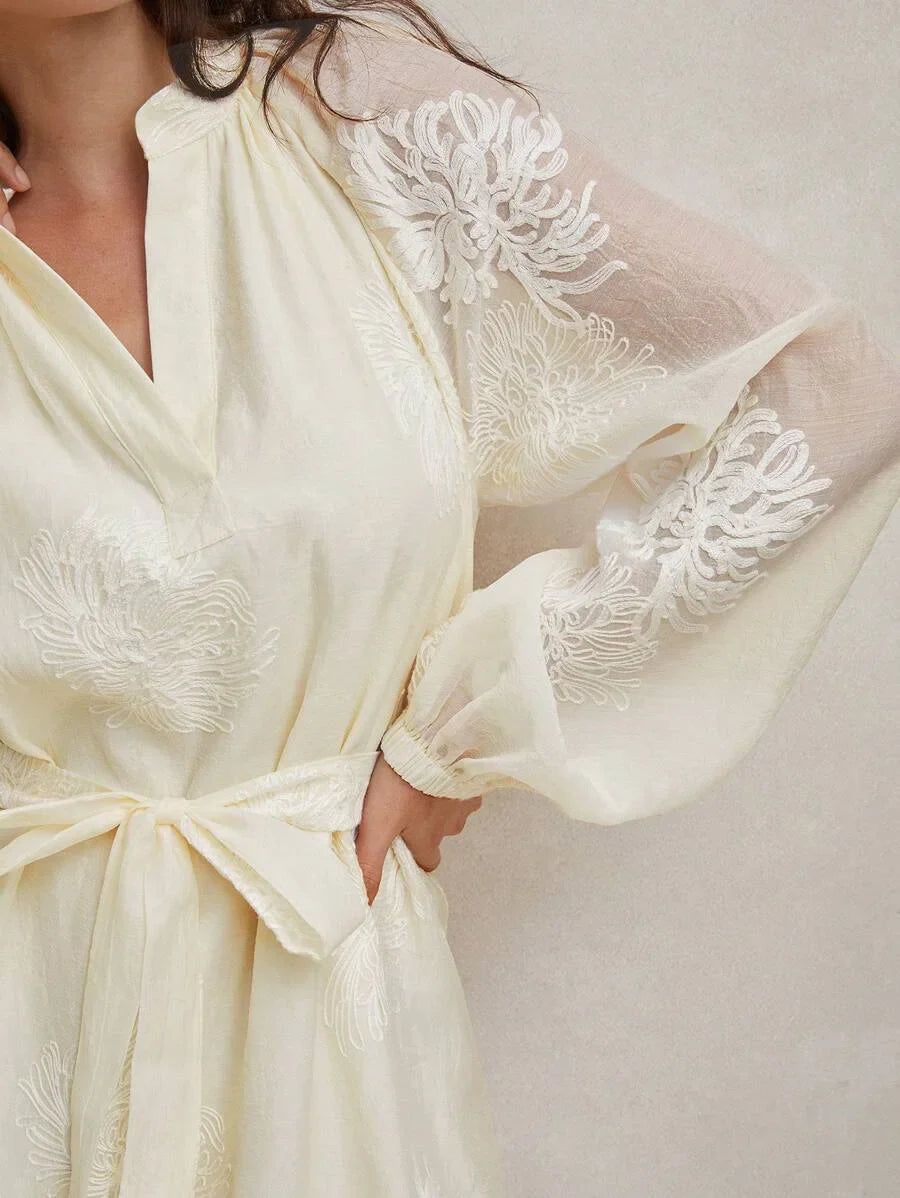 Spring Simple Lantern Sleeve ALine Dress With Notched Neckline Embroidered Detail And Cinching Waist