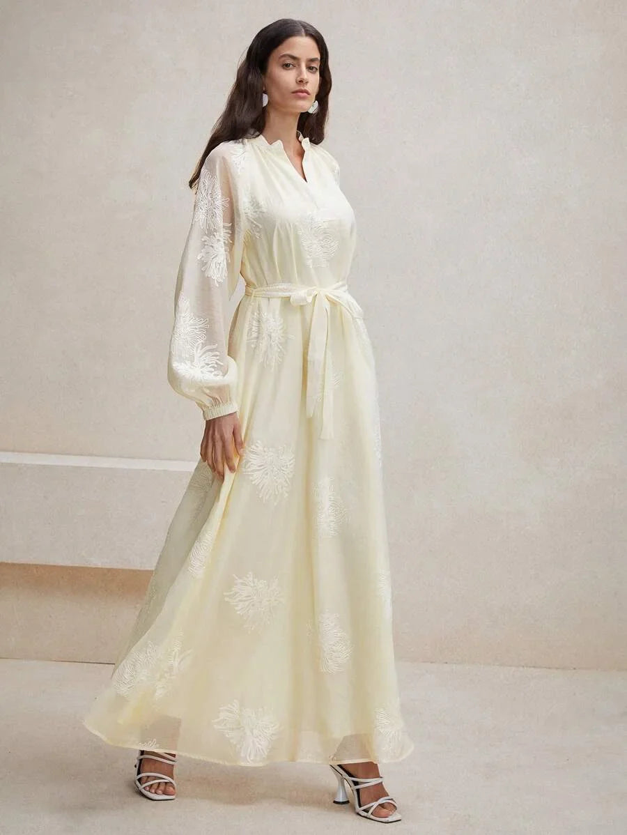 Spring Simple Lantern Sleeve ALine Dress With Notched Neckline Embroidered Detail And Cinching Waist