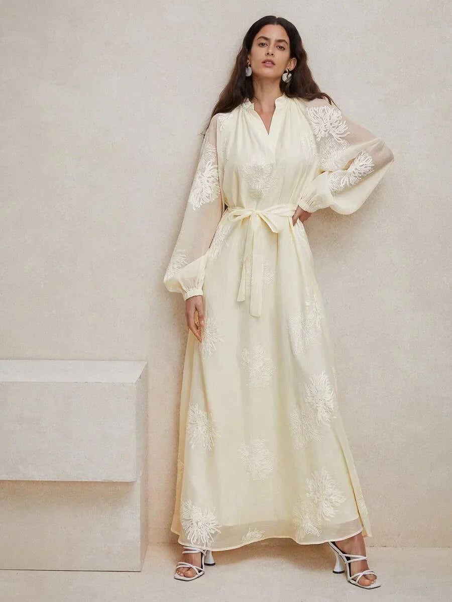 Spring Simple Lantern Sleeve ALine Dress With Notched Neckline Embroidered Detail And Cinching Waist