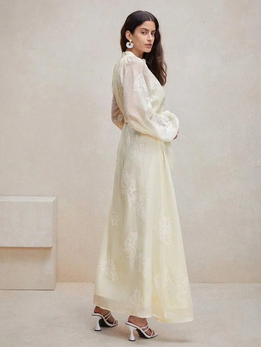 Spring Simple Lantern Sleeve ALine Dress With Notched Neckline Embroidered Detail And Cinching Waist