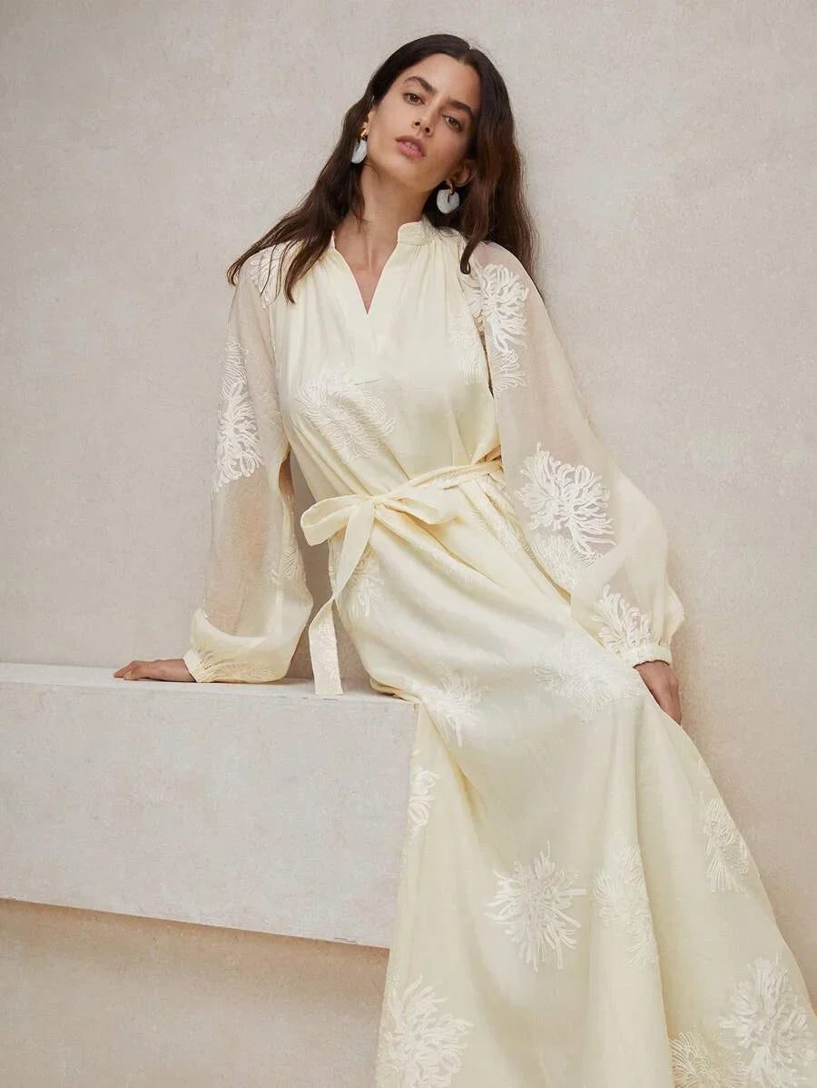 Spring Simple Lantern Sleeve ALine Dress With Notched Neckline Embroidered Detail And Cinching Waist