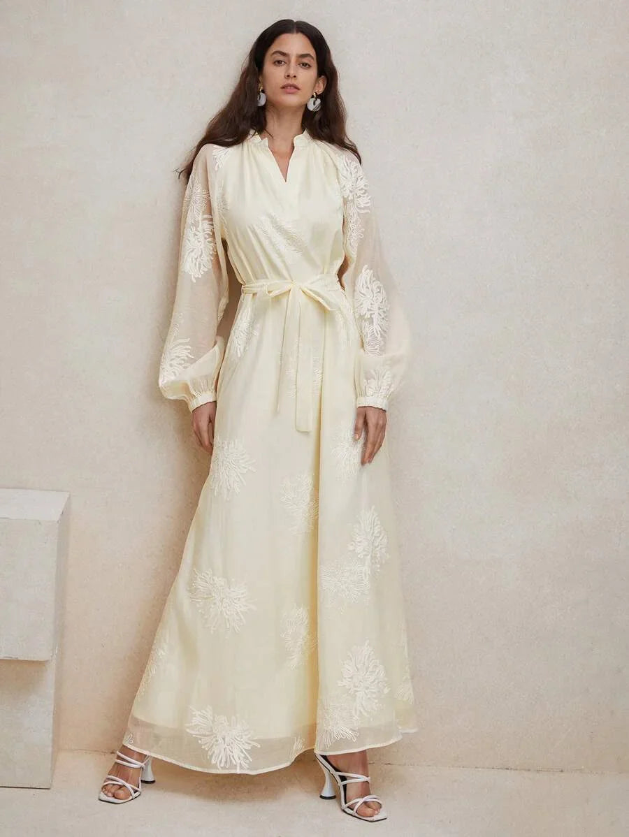 Spring Simple Lantern Sleeve ALine Dress With Notched Neckline Embroidered Detail And Cinching Waist