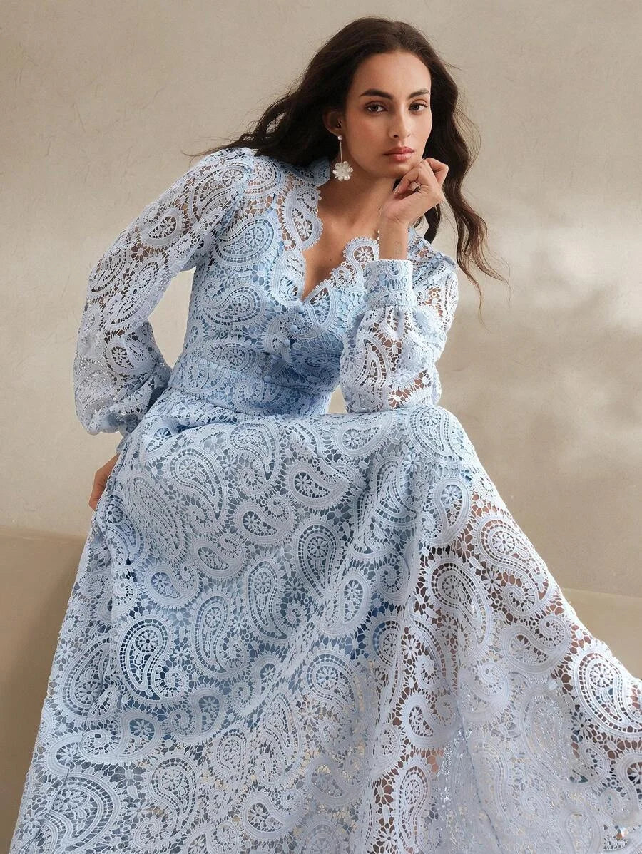 SpringSummer Womens VNeck Lace Embroidery Floral Cinched Waist Lantern Sleeve Dress