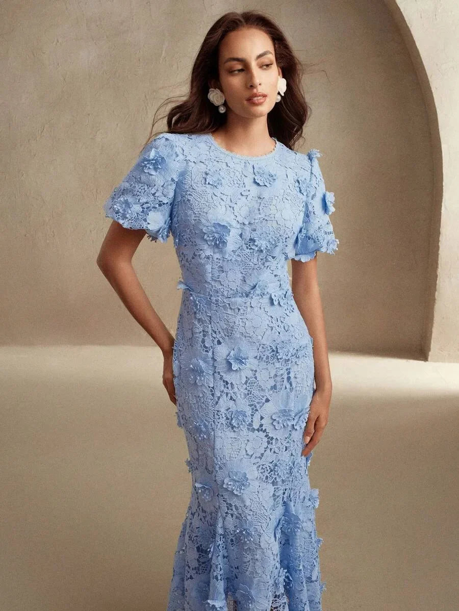 SpringSummer Womens VNeck Lace Embroidery Floral Cinched Waist Lantern Sleeve Dress