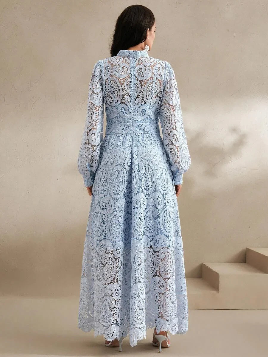 SpringSummer Womens VNeck Lace Embroidery Floral Cinched Waist Lantern Sleeve Dress