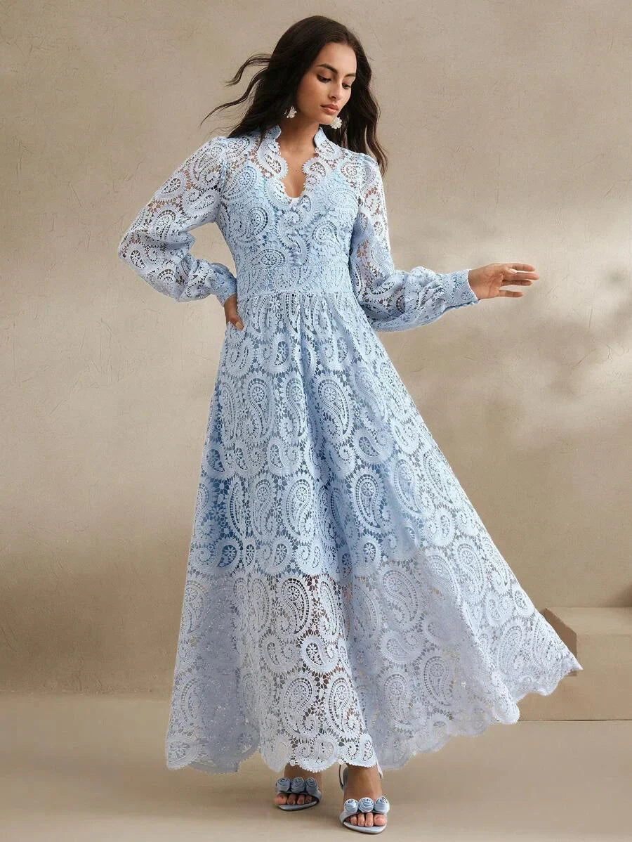 SpringSummer Womens VNeck Lace Embroidery Floral Cinched Waist Lantern Sleeve Dress