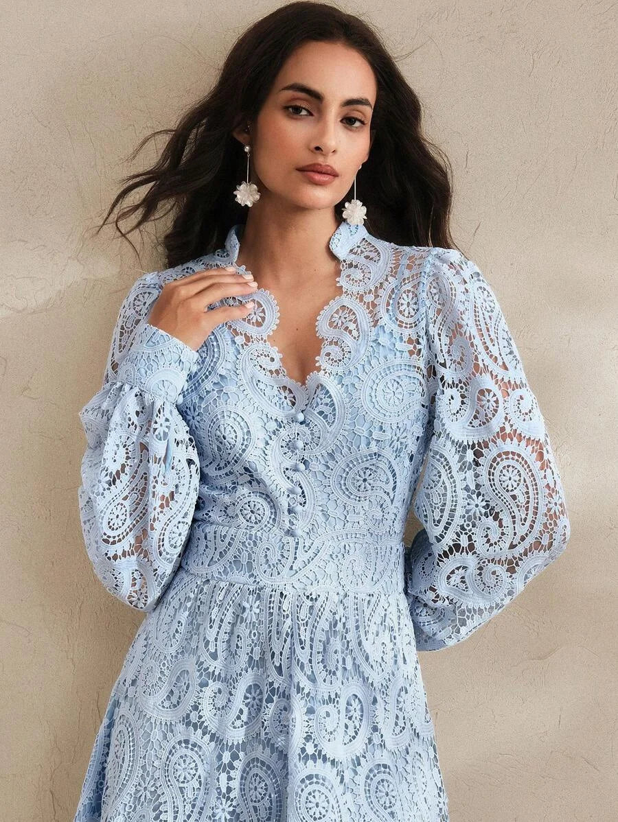 SpringSummer Womens VNeck Lace Embroidery Floral Cinched Waist Lantern Sleeve Dress