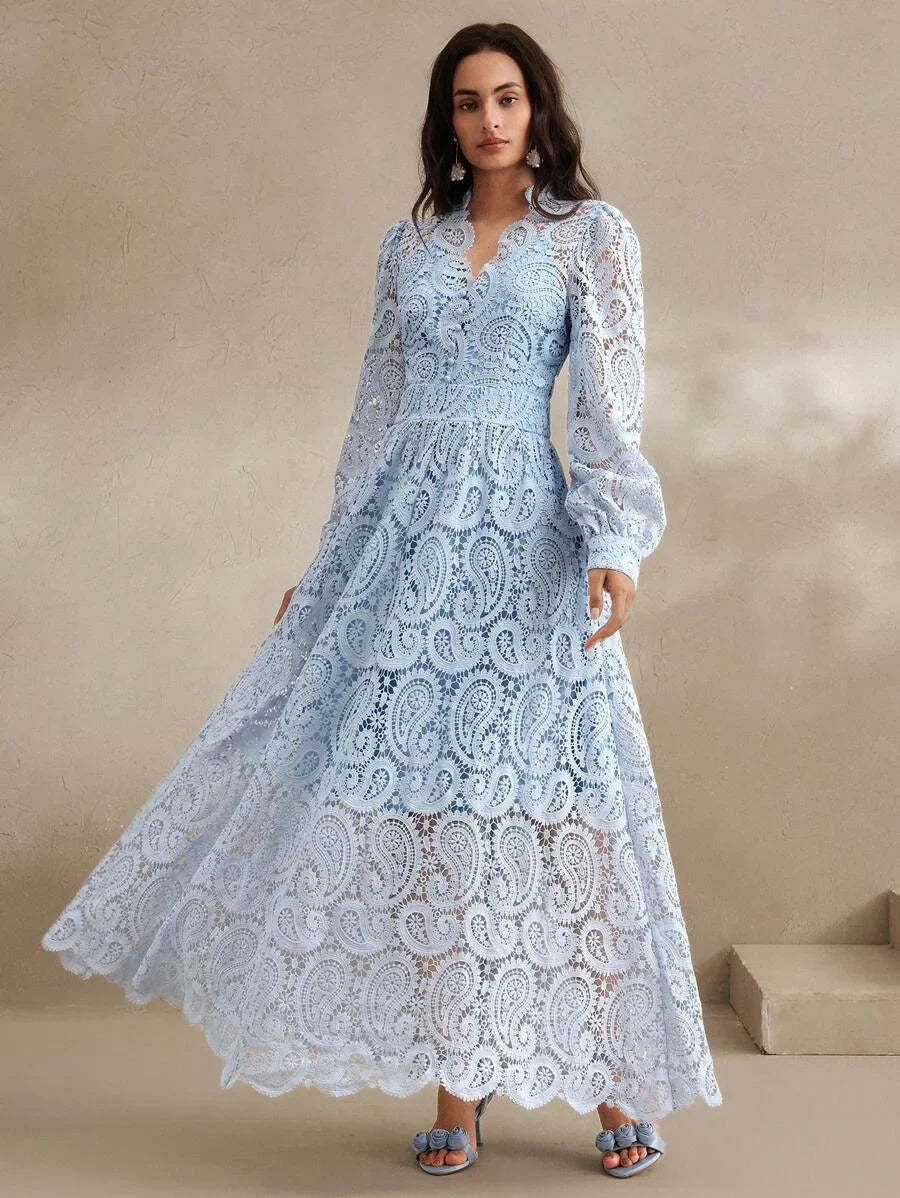 SpringSummer Womens VNeck Lace Embroidery Floral Cinched Waist Lantern Sleeve Dress