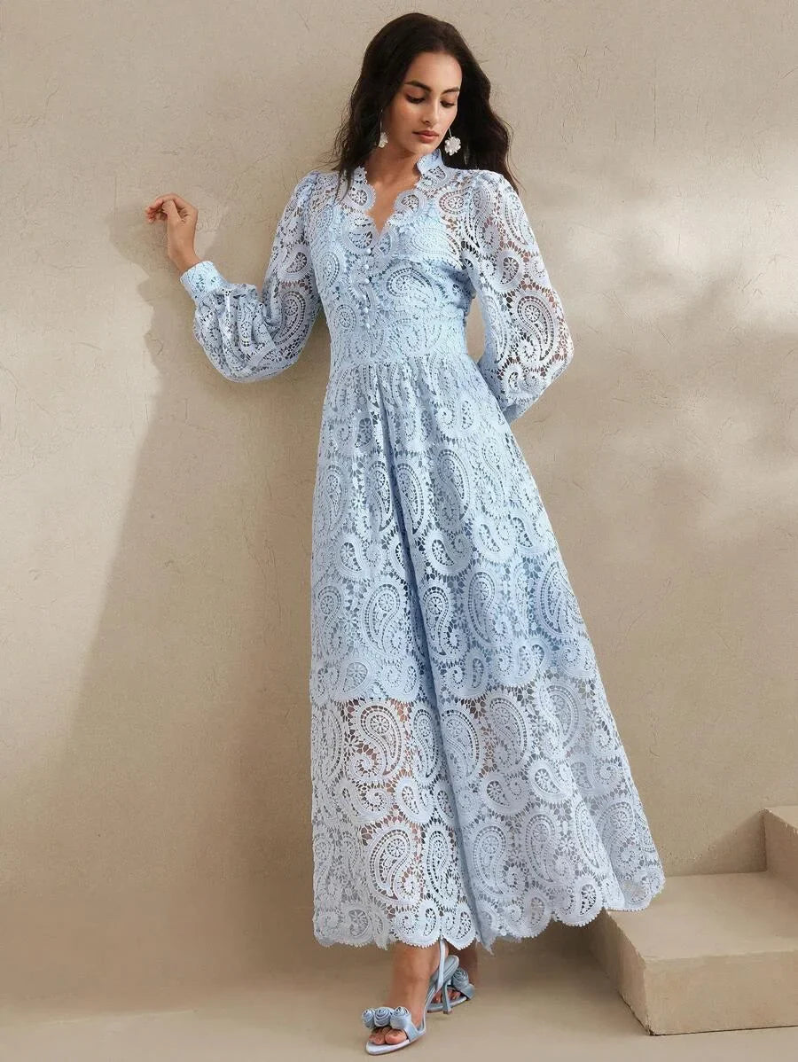 SpringSummer Womens VNeck Lace Embroidery Floral Cinched Waist Lantern Sleeve Dress