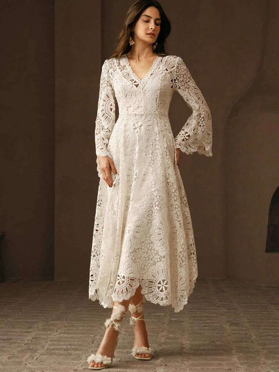SpringSummer Womens VNeck Lace Embroidery Floral Cinched Waist Lantern Sleeve Dress