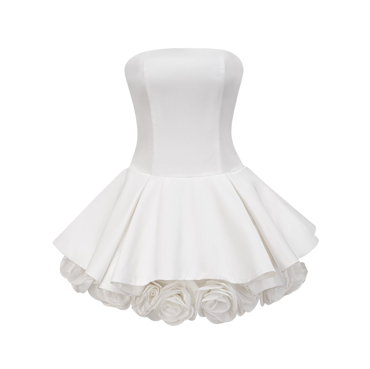 Strapless white mini dress with corset style bodice and floral petal details