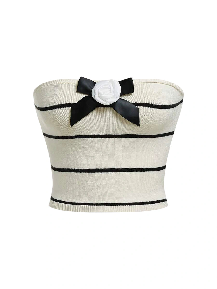 Striped Pattern Bow amp Stereo Flower Front Tube Knit Top