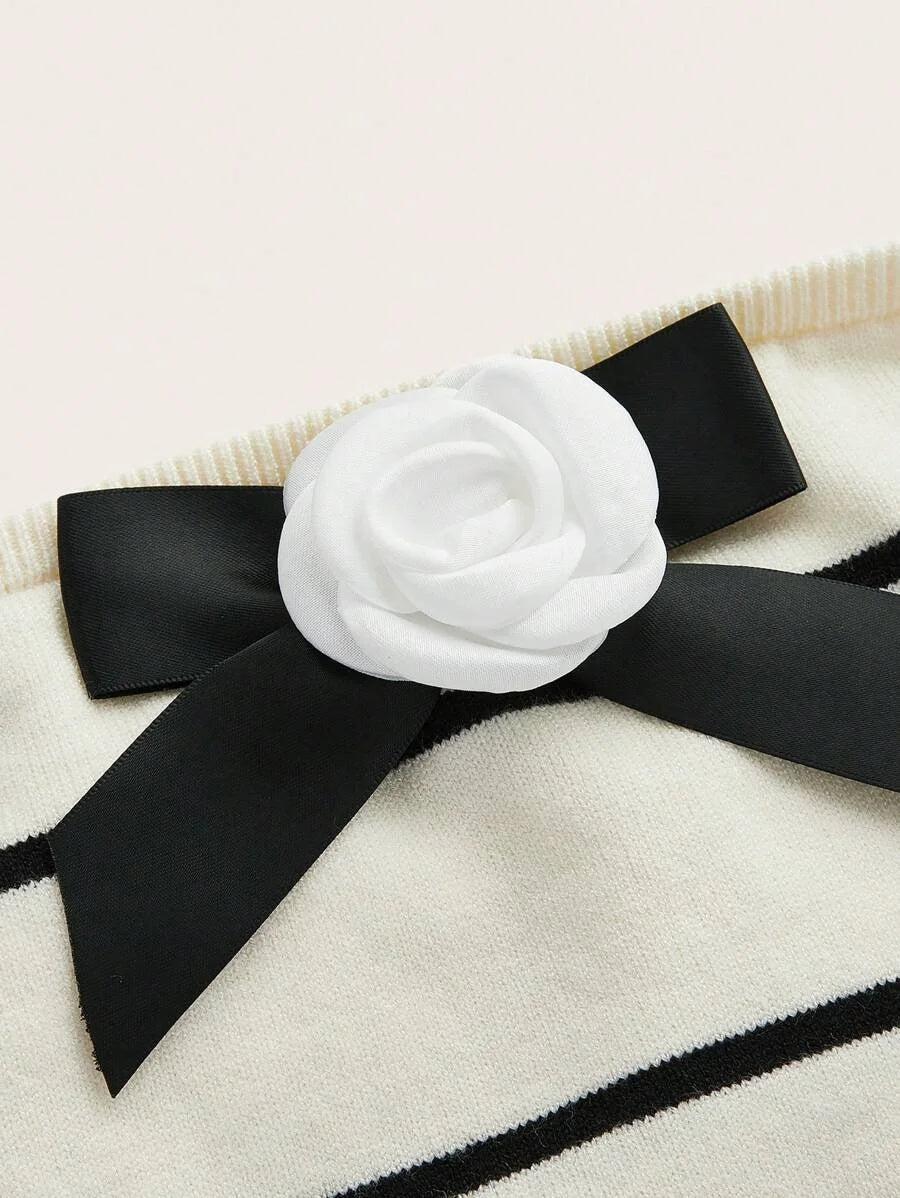 Striped Pattern Bow amp Stereo Flower Front Tube Knit Top