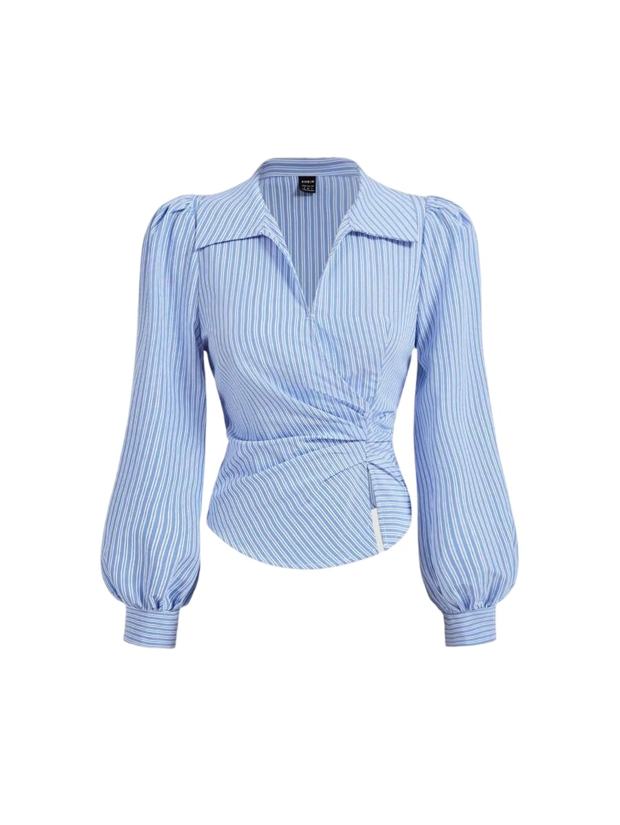 Striped Crop Top with Turndown Collar Puff Sleeves
